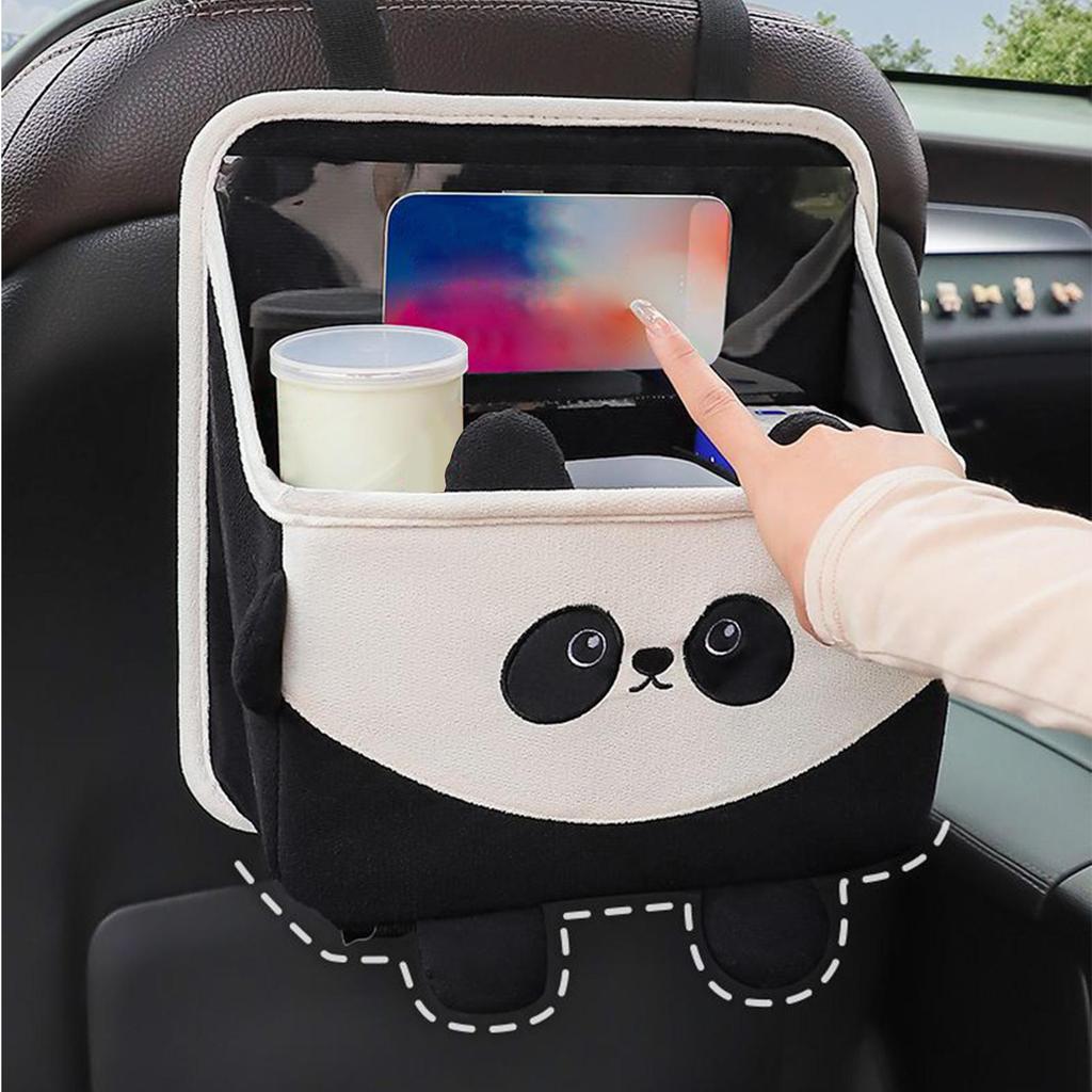 Car Back Seat Storage Box Cartoon Panda Backseat Trash Can Multifunctional Wear-Resistant Soft Plush Storage Bag Tissue Box