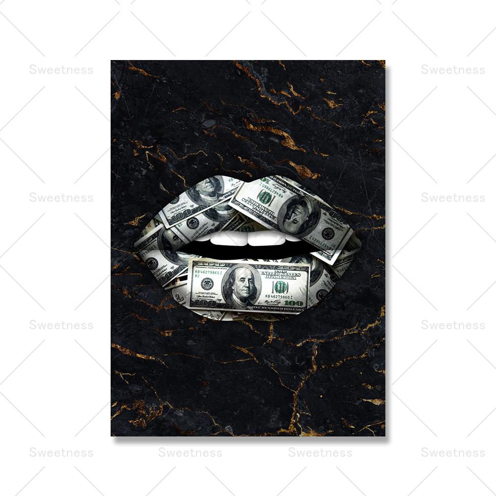 Modern Golden Lips Dollar Money Poster Print Wall Art Luxury Art Canvas Painting Abstract Pictures for Living Room Home Decor No Frame