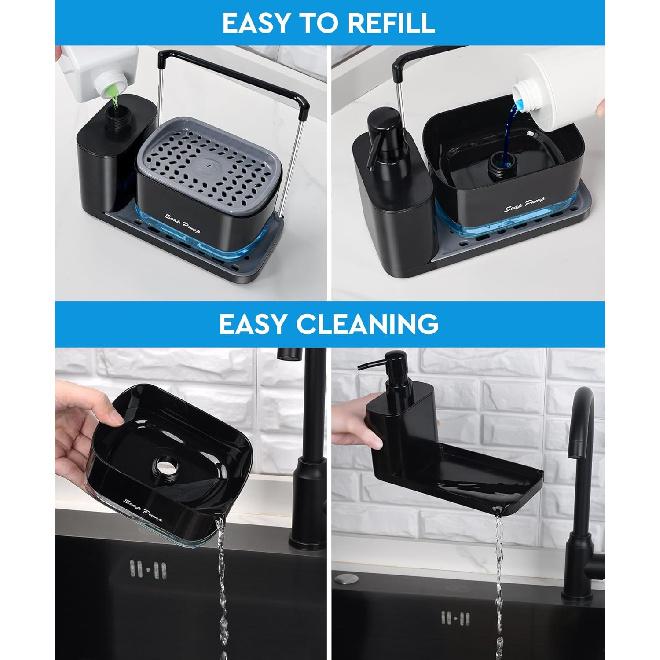 Hand and Dish Soap Dispenser Set with Tray, Dual Soap Dispenser with Sponge Holder and Dishcloth Holder 5-in-1 Organizer for Kitchen Sink Countertop