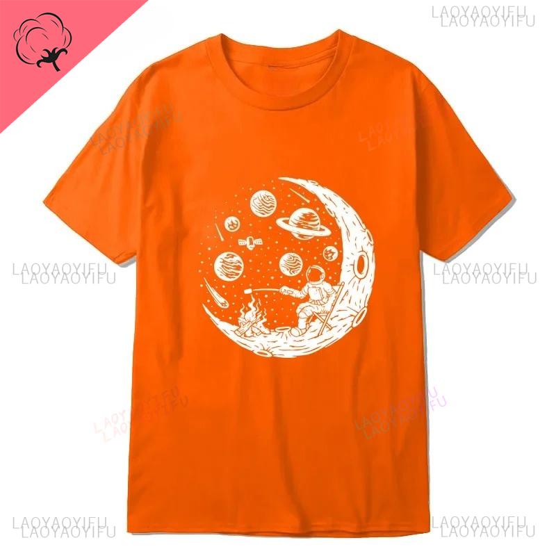 Funny Astronaut Moon Barbecue Print Unique Casual Loose Cool Men Oneck Streetwear Harajuku Allmatch Aesthetic Tshirt Tops