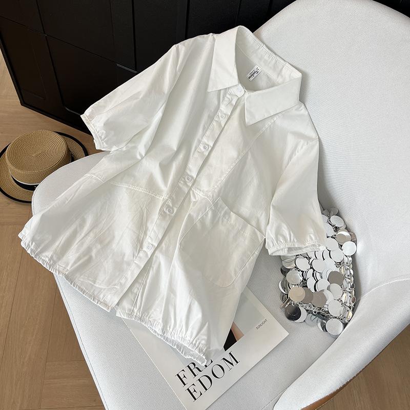 

Сетчатая версия рубашки с коротким рукавом 2025 простая корейская версия модной рубашки с лацканами на одной пуговице, универсальная свободная повседневная рубашка для женщин XXXL [Recommended 138-75kg] белый