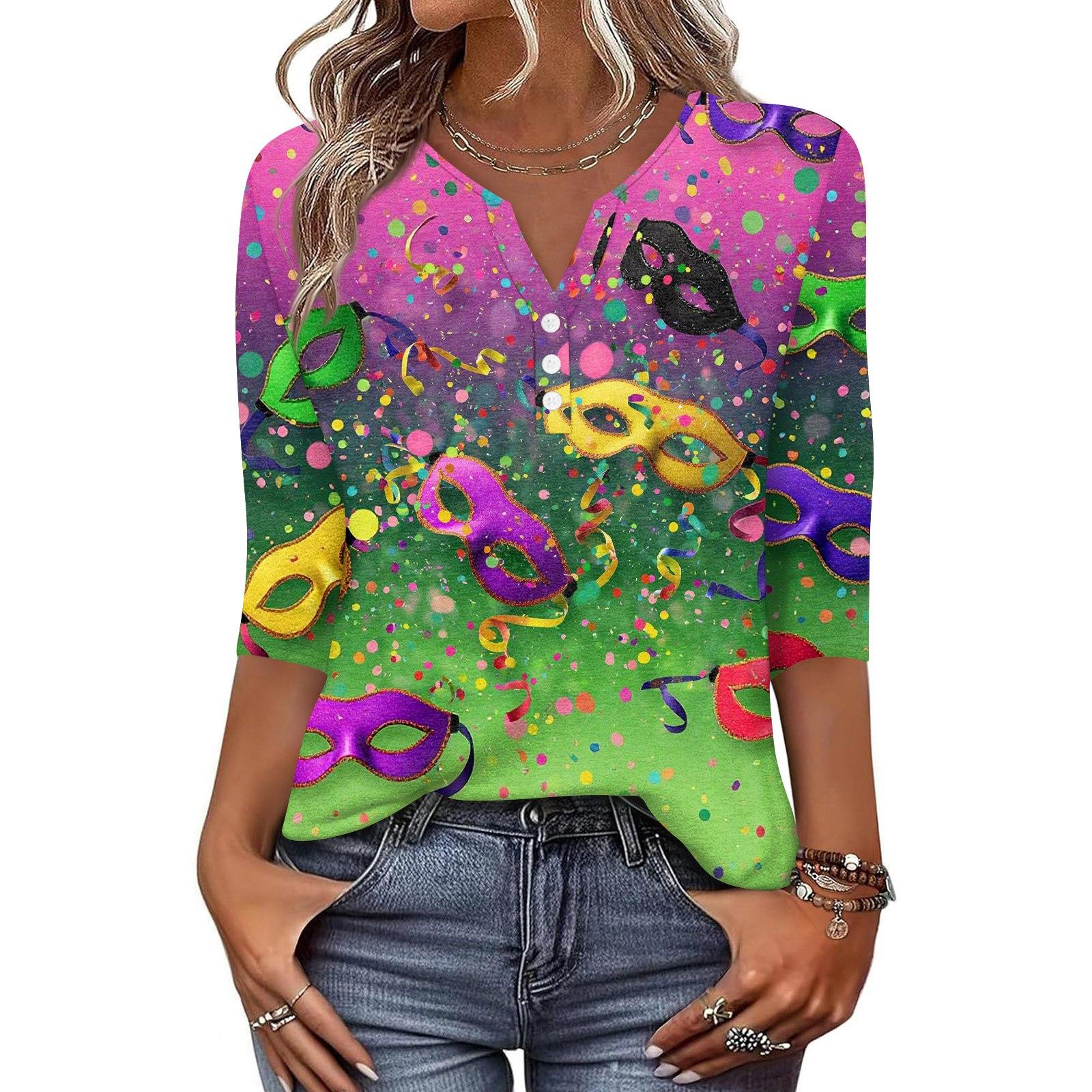 

Жен. Футболка С принтом Пуговицы Рукав 3/4 Повседневные Выходные Мода Классический Классический V-образный вырез Обычный Верх L зелёный