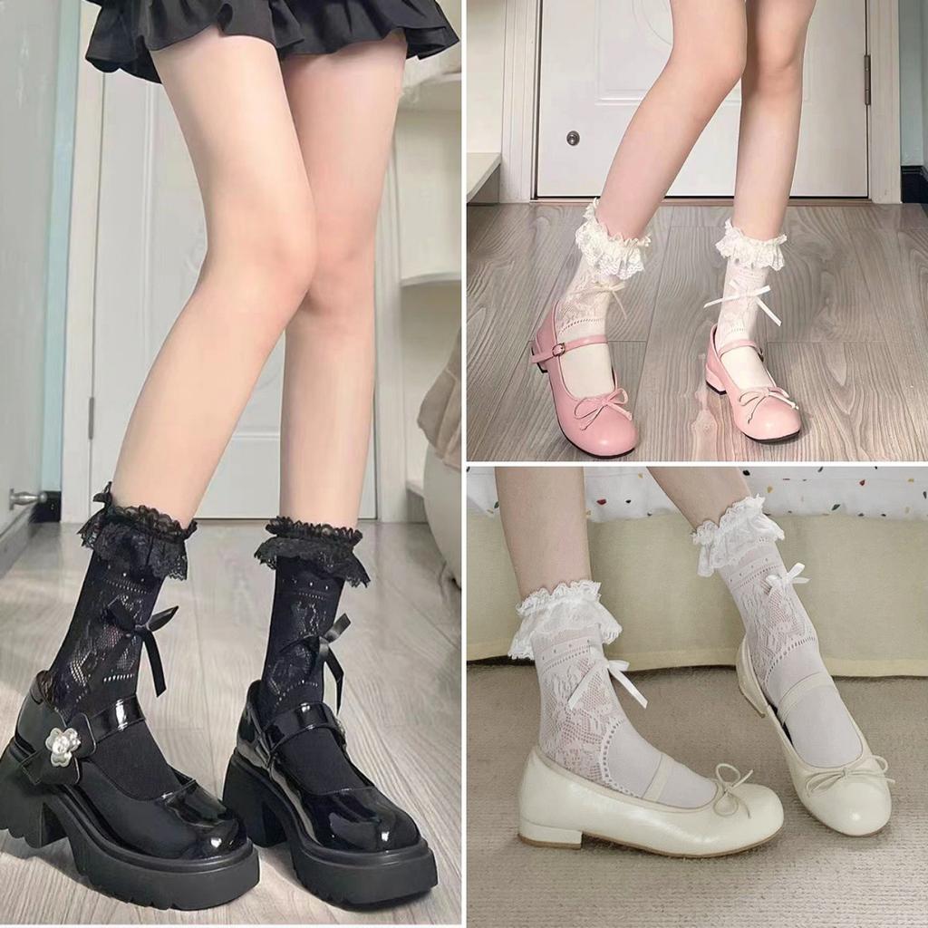 Summer Thin Lace Mid Tube Socks Sweet Bow Hollowed Ballet Calf Socks Lolita White