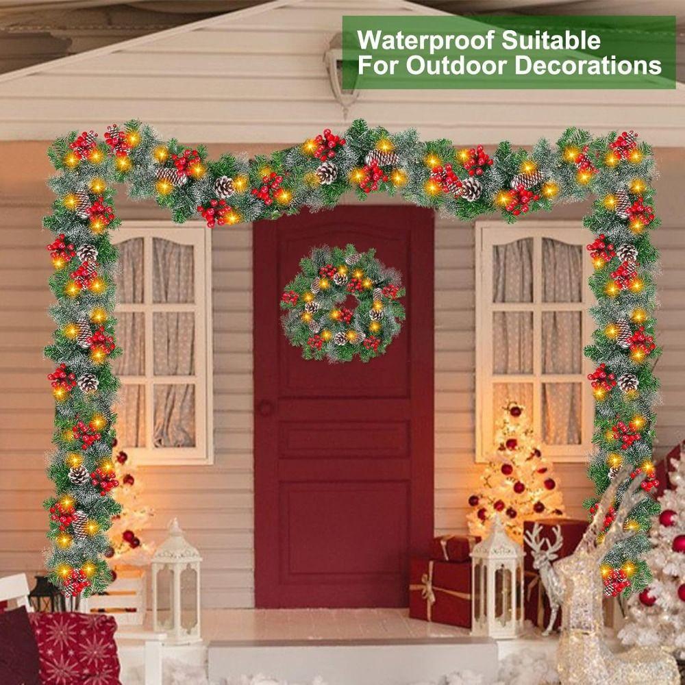 Lifelike Lighted Xmas Wreath 8 Modes Christmas Hanging Ornaments  Front Door Decor