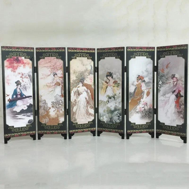Mini Folding Screen Chinese Style Gift View Home Tabletop Decoration Doll Room Partition Divider 6 Panels Vintage Wood Screen