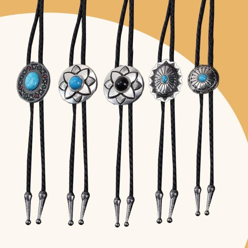 5Pcs Metal Flower Stone Cowboy Bolo Tie Western Faux Leather Rope Necktie Jewelry Shirt Collar Chain Vintage Necklace
