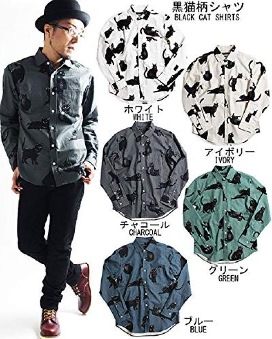 Quintet Black Cat Print Long Sleeve Made in Size White Men's Shirt, Casual, Japan, XL, (Product Code 01-78737)