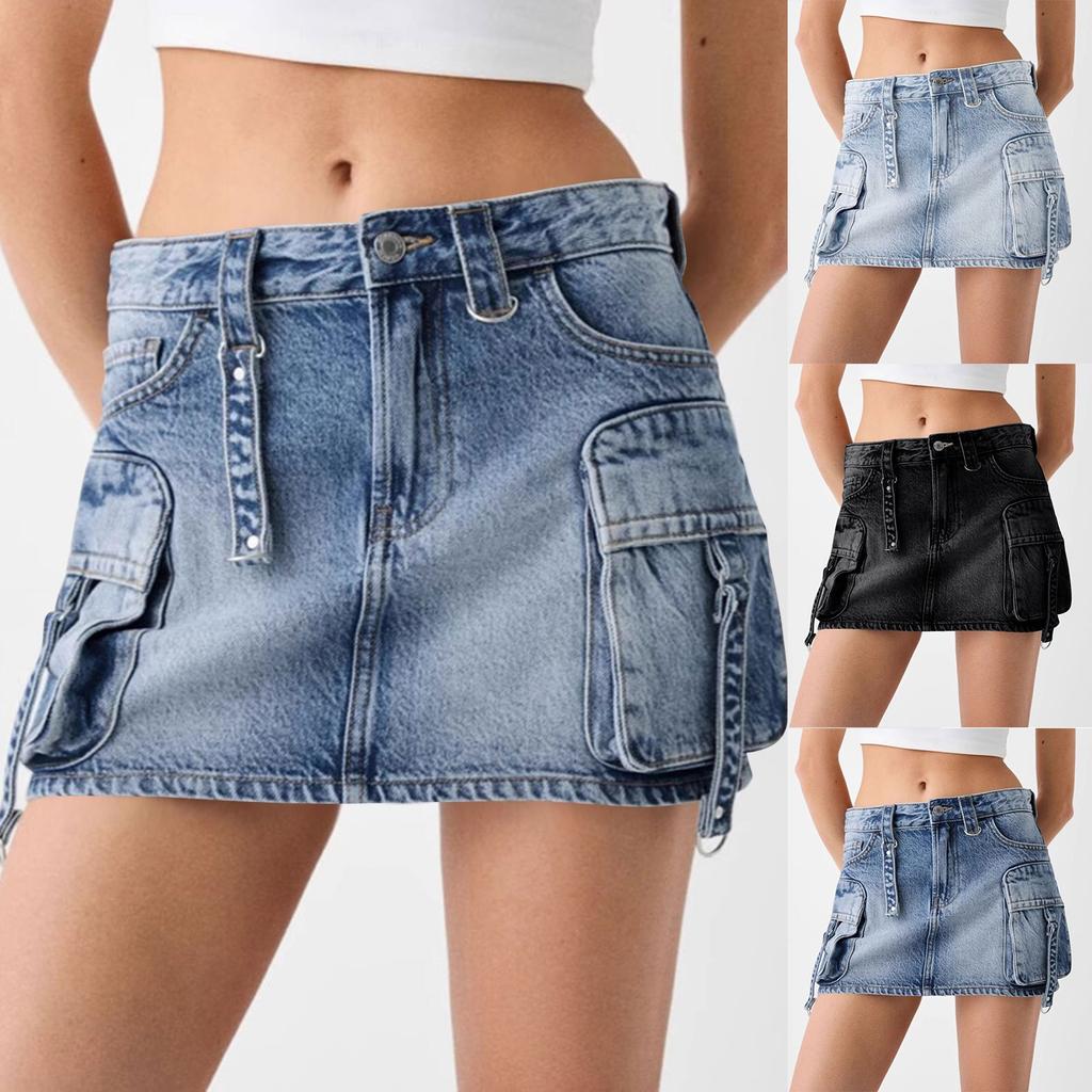Women Denim Cargo Skirt Low Waist Button Bodycon Flap Pockets Skirts