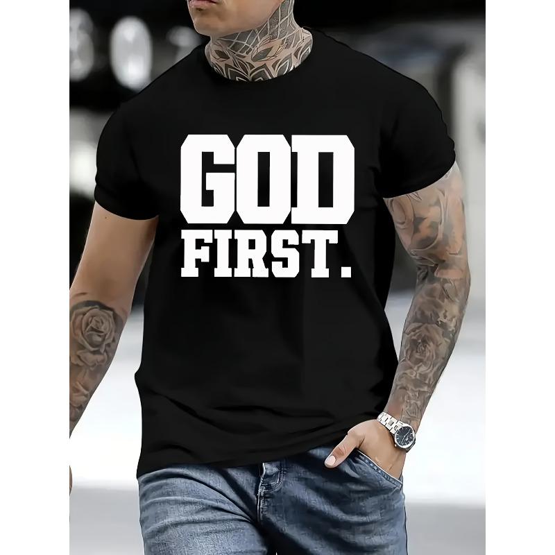 European sizes Men'S "GOD FIRST" Graphic T-Shirt - Bold White Lettering on Black, Casual Round Neck Summer Tee