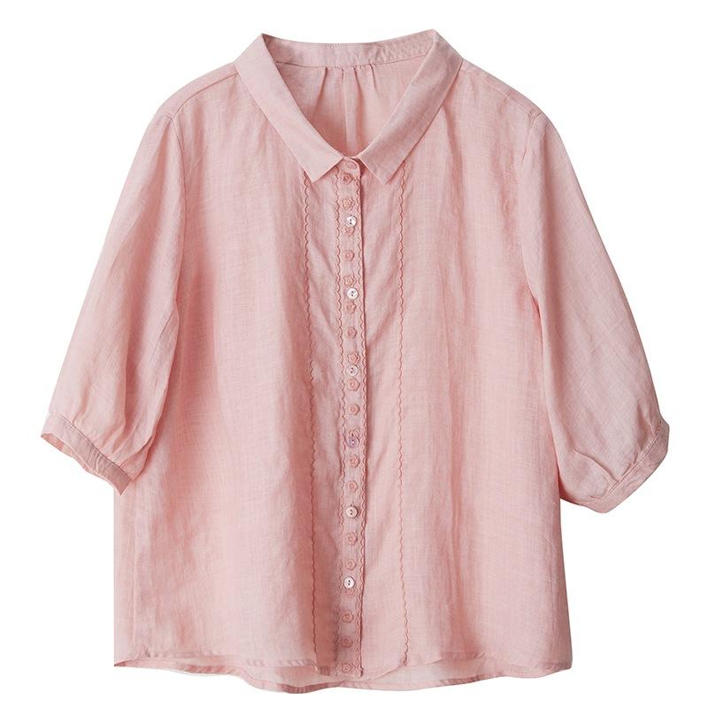 2025 Summer New Cotton and Linen Embroidered Shirt Women's Loose and Thin Lapel Five-quarter Sleeve Versatile Temperament Cardigan Top