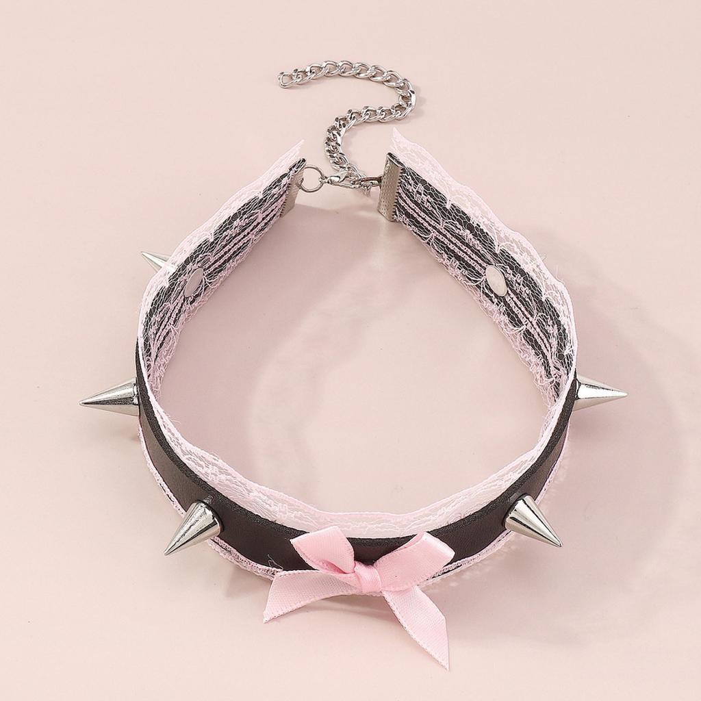 Collier Choker Gothique Rose Noir Dentelle Clous Cuir Colliers Bijoux Filles Costume pour Femmes Filles Accessoires Gothiques