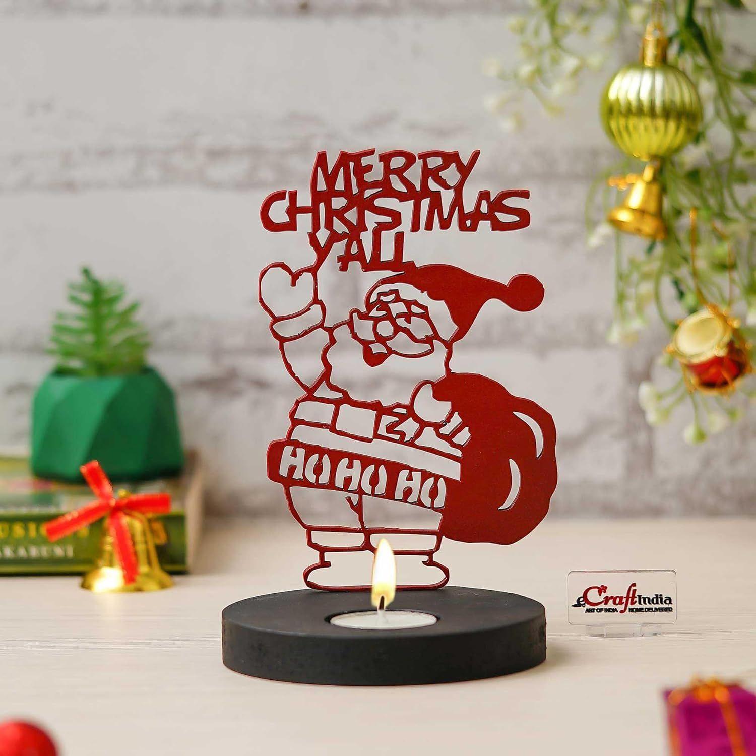 

Merry Christmas All Santa Claus Showpiece Decorative Tea Light Candle Holder (Wooden Red)| Christmas Decoration Items for Home Office