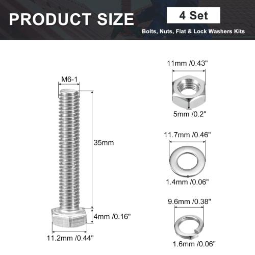 uxcell Hex Thread Bolts, Nuts, and Flat Lock Washers Kit, M6 X 35mm, 304 Stainless Steel, Fully Threaded Hex Bolts, Set of 4