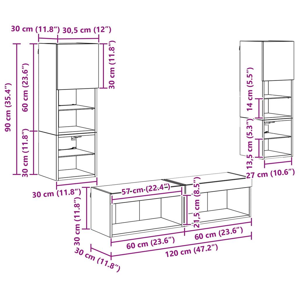 TV Wall Unit with LED Light Strips 6 pcs Reclaimed Wood Effect Particleboard