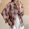 Retro Plaid Shirt Plain Tops Spring Autumn Lapel Long Sleeve Shirts Women Chic Loose Blouse Asian Size
