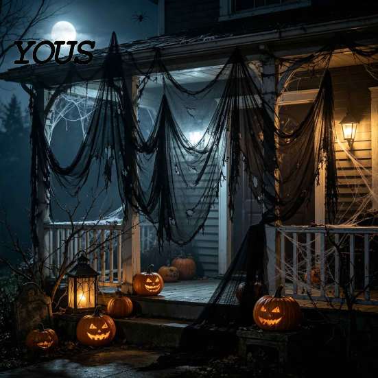 Reusable Halloween Party Decor Gauze Fabric, White/Black Creepy Cloth for Spooky Drapey Scrim Porches Decks Haunted House Decorations, Indoor Outdoor