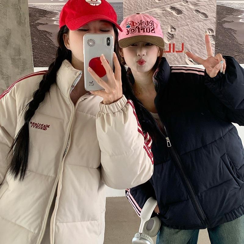 

New Winter Cotton Coat Stand Collar Versatile and Fashionable Korean Style Slim and Warm Striped Cotton Coat S белый