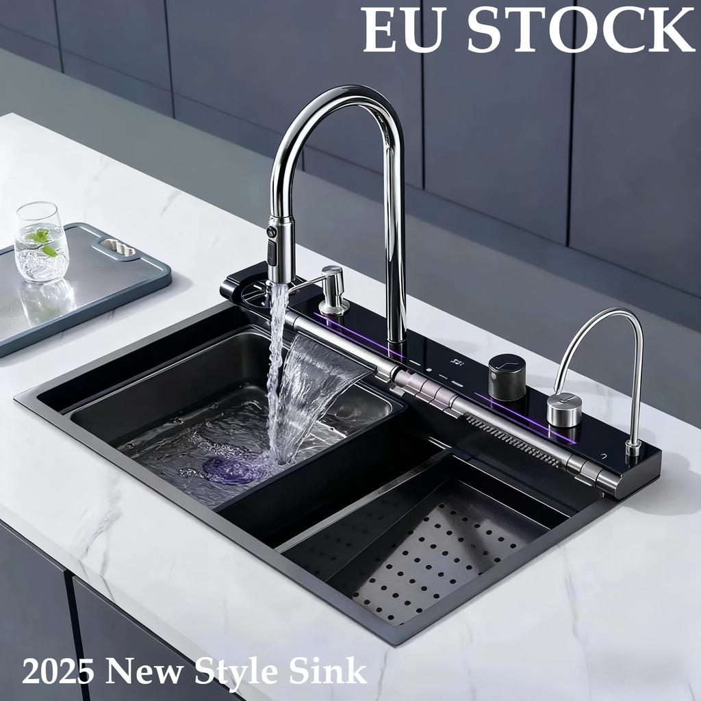 304 New Digital Display Waterfall Sink Stainless Steel Kitchen Sink With Smartphone Holder Embossed Large Single Slot Wash Basin