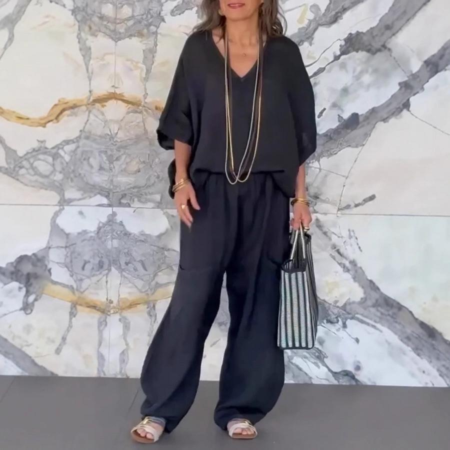 New Women's Casual V-Neck Loose Pocket Sleeveless Cotton Linen Set