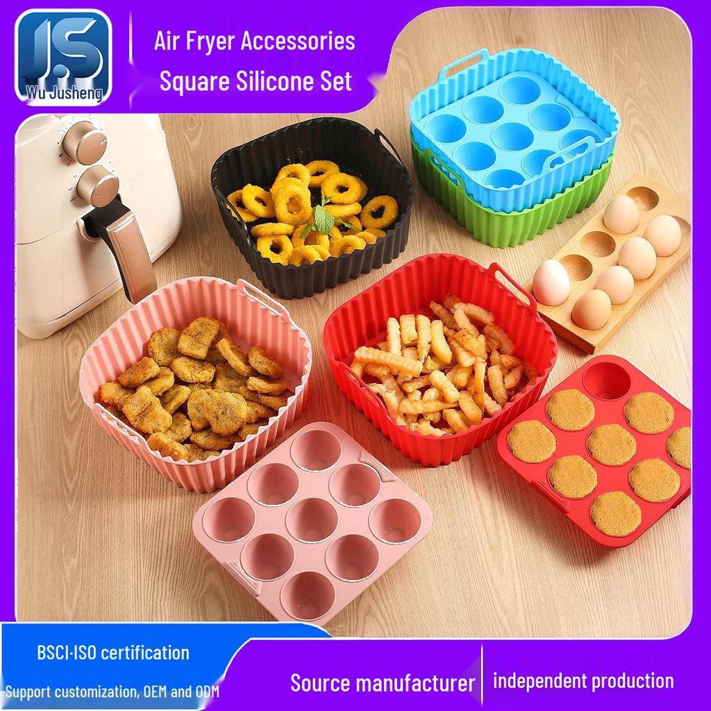 Square Silicone Air Fryer Baking Pan Set - Non-Stick, High-Temperature Resistant, Food-Grade, Perfect for Cakes & Desserts