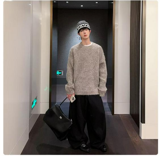 Men s Retro Round Neck Ribbed Knit Sweater - Autumn/Winter Loose Casual Pullover M