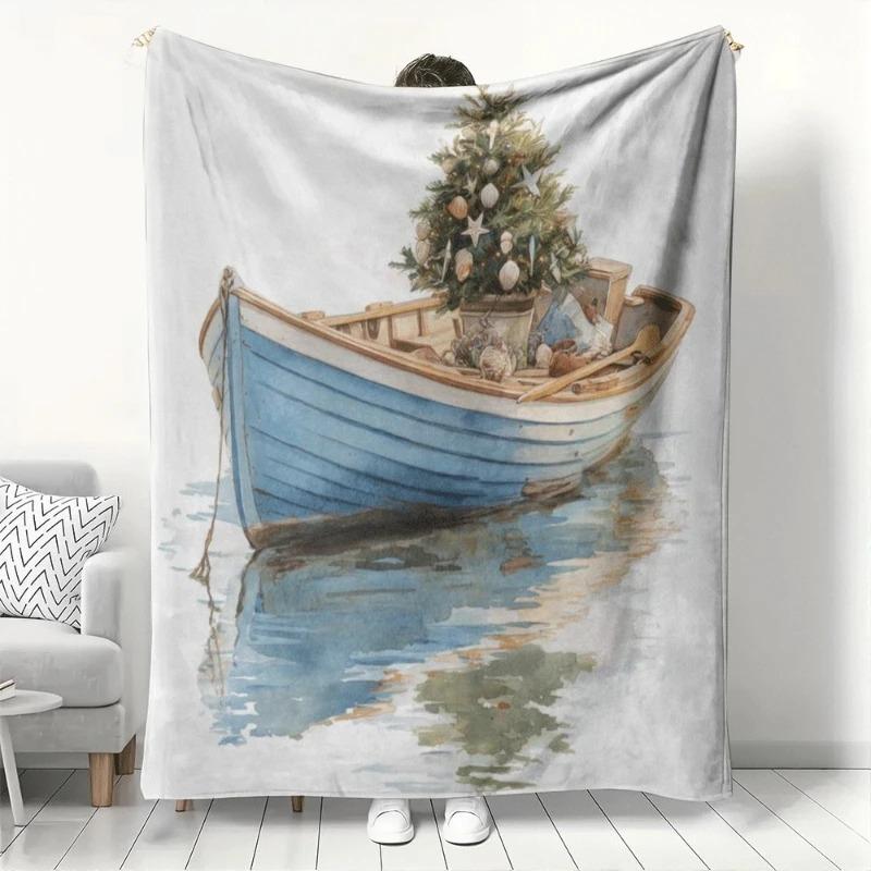 

Cozy Soft Throw Blanket Watercolor Blue Boat & Christmas Tree Warm Flannel Blanket for Sofa Bed Home Decor Holiday Gift for Kids 70x100cm білий