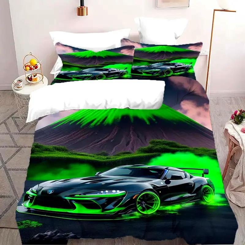 Racing Car Duvet Cover Set - 3D Cartoon Vehicle Print All-Season Bedding Set- 100% Polyester Breathable Fabric, Machine Washable