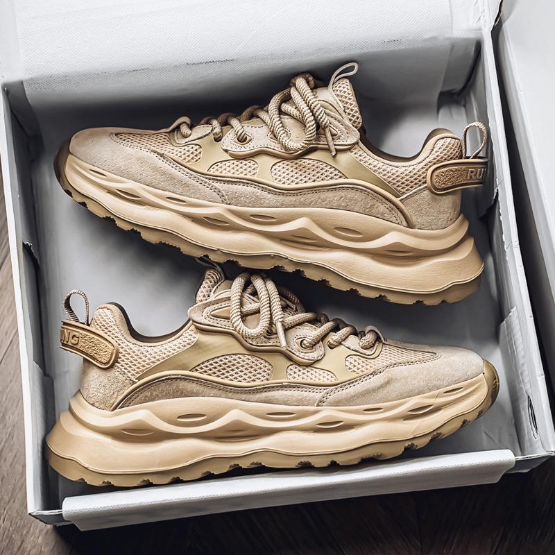 Men's Chunky Sole Sneakers Breathable Mesh Lace-Up Non-Slip Casual Platform Shoes