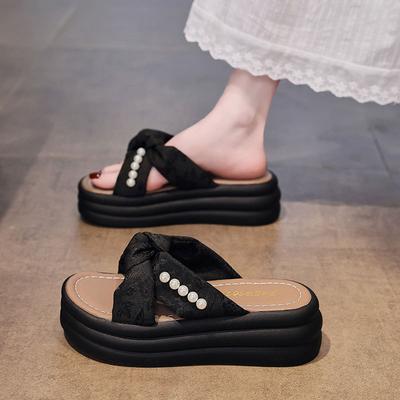 Bow Thick-soled Cool Slippers Women's Summer Wear 2025 New Versatile National Style Sandals Pearl Beach One-word Slippers