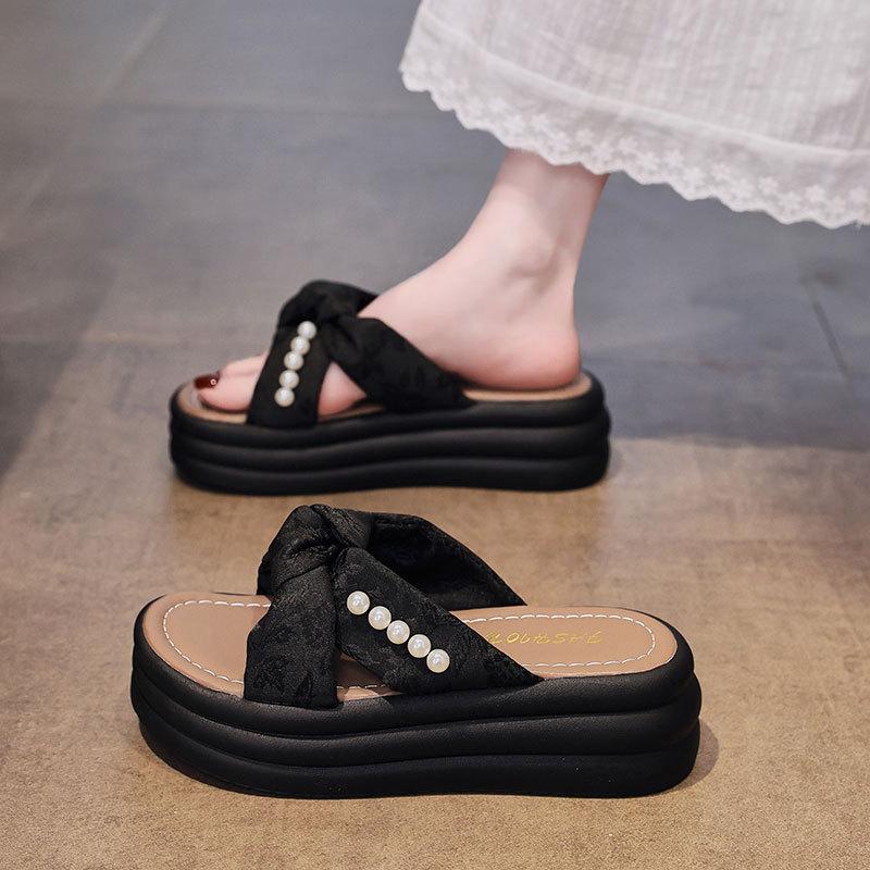 Bow Thick-soled Cool Slippers Women's Summer Wear 2025 New Versatile National Style Sandals Pearl Beach One-word Slippers