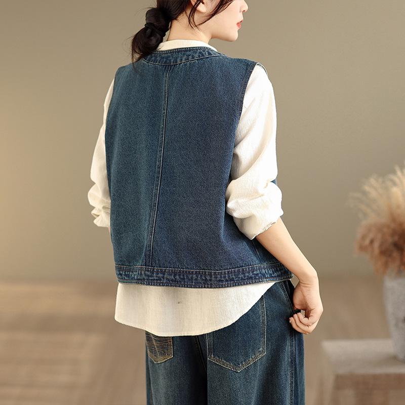 Spring Plus Size Embroidered Denim Vest - Casual, Loose, and Versatile Fashion