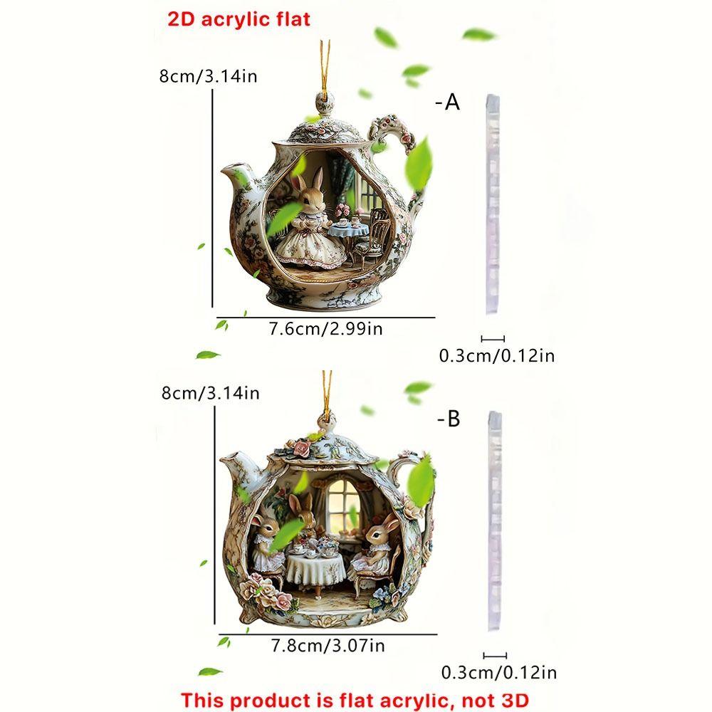2D Acrylic Rabbit in Teacup Pendant Flat Bag Pendant Charms Christmas Hanging Pendants Christmas Tree Ornament Navidad Decor