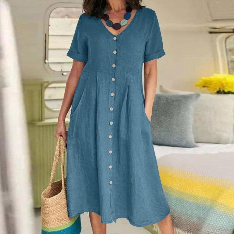 Fashion Loose Shirt Dress Solid Color High Waist Large Size Single-breasted A-line Summer Party Dress V Neck Elegant Casual Simple Slim Fit Clothing