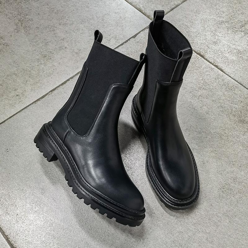 Fashion Shoes Woman England Style High Street Retro 2025 Autumn Winter Cowhide Chelsea Boots Women Casual Fashion Black Platform Boots