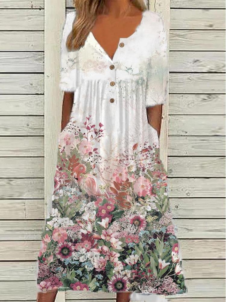 

Short Sleeve Spring V Neck Maxi Dress with Button Front and Pockets Small