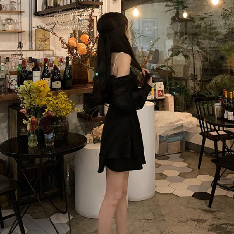korean black dress Dark romantic finish trendy Korean fashion, this black