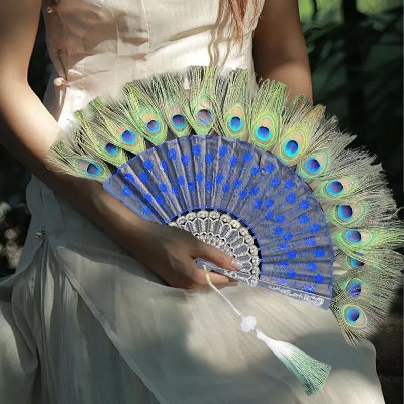 1PC Folding Fan Colorful Peacock Feather Home Decoration Embroidery Sequin High Quality Dance Hand Fans