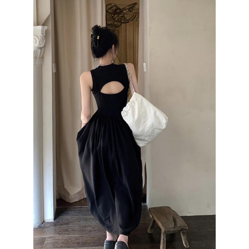Women's Sleeveless Midi Dress Slim Fit High Waist A Line Back Cut Out French Vintage Solid Long Dress