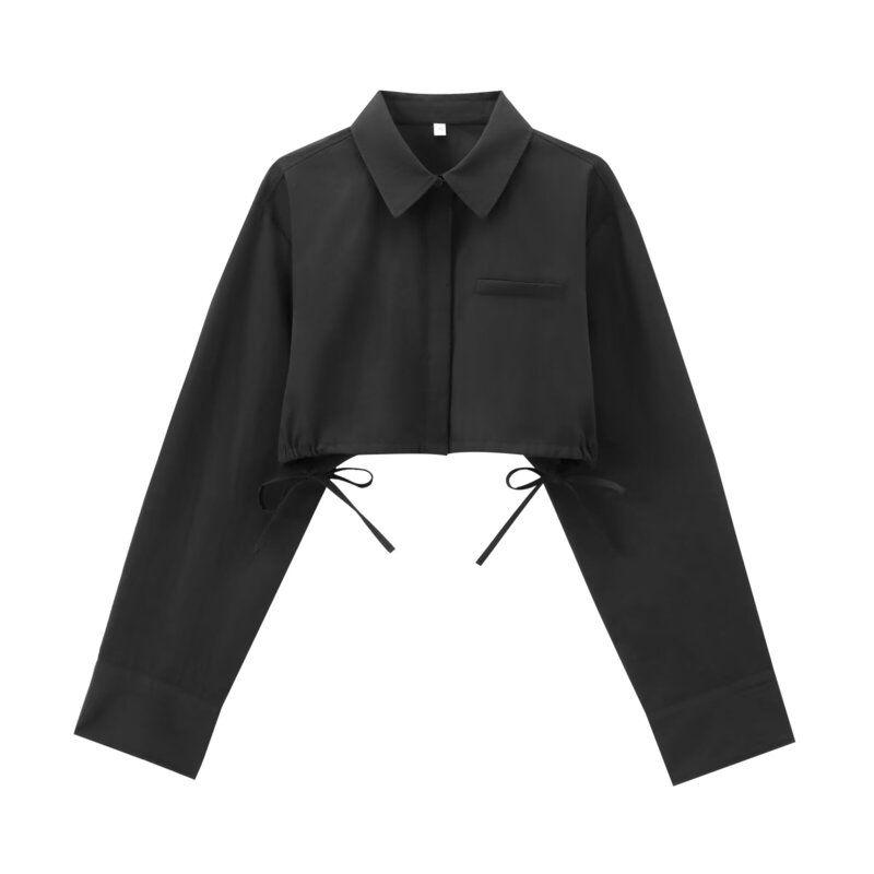 

Fashion Style 2024 New Fall Women s Clothing Stylish All-Matching Short Drawstring Detail Long Sleeves Shirt 1244807 Black L