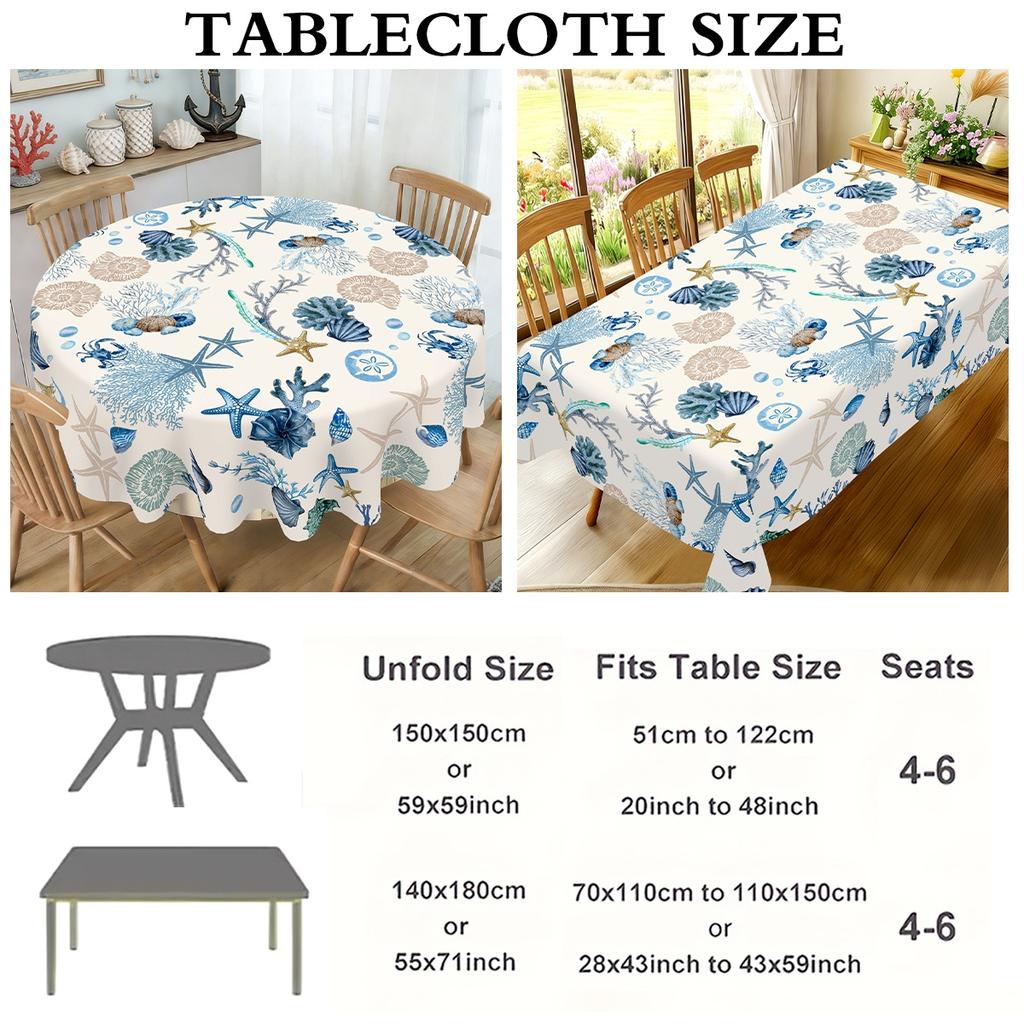 Marine Tablecloth Coral Starfish Design Polyester Table Cover for Ocean Theme Birthday Party Supplies Spring Holiday Table Decor