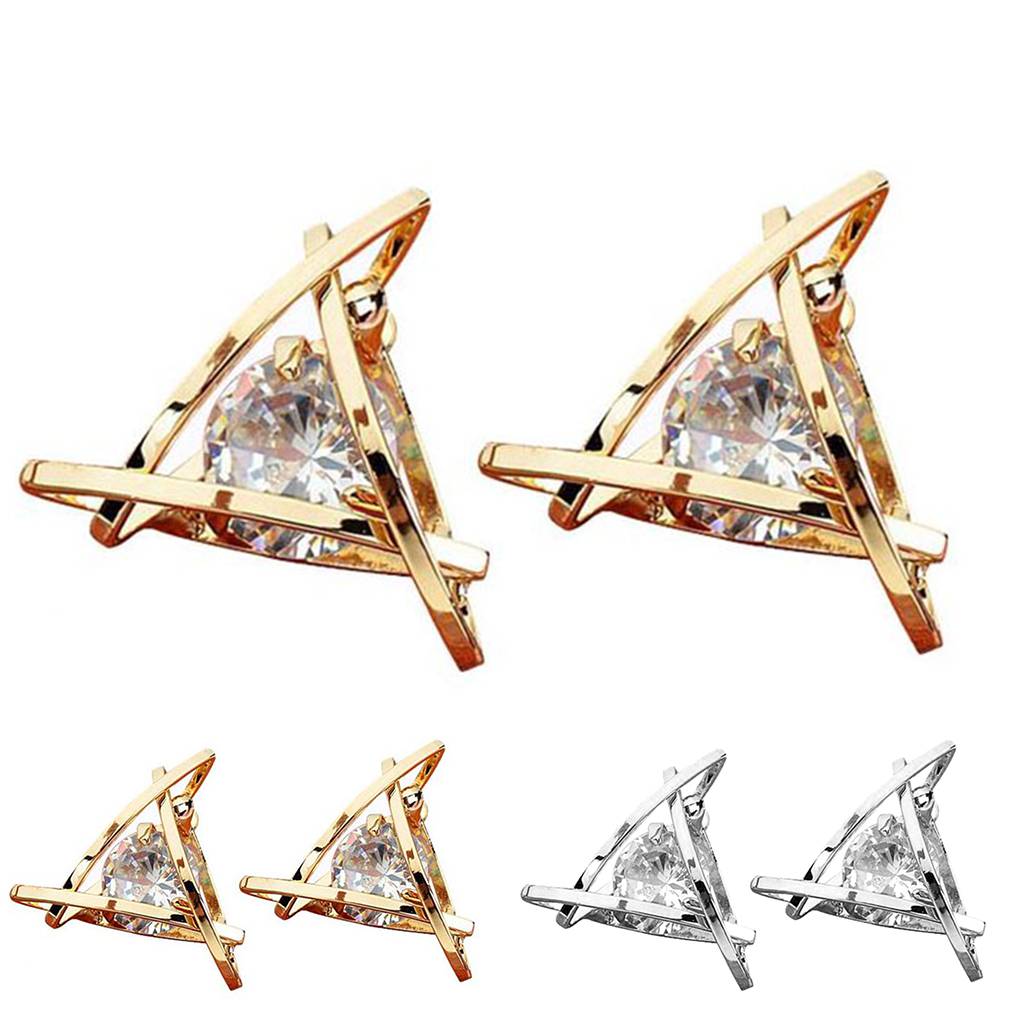 Women Lady Geometric Crystal Rhinestone Ear Stud Clip Pin Girl Silvery Golden Earrings Jewelry