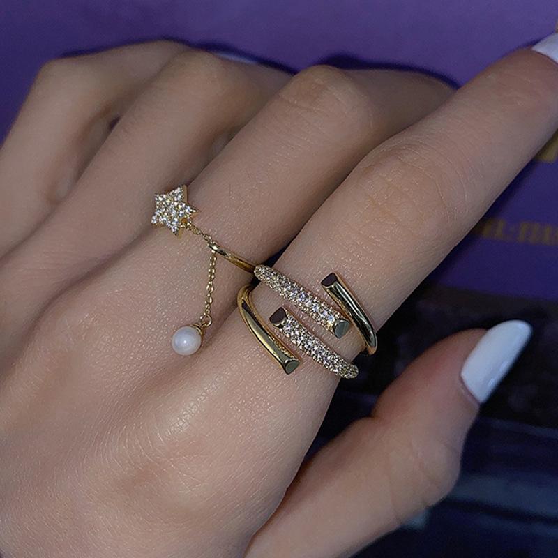 Rhinestone Exquisite Korean Fivepointed Star Adjustable Open Ring For Women Fashion Jewelry
