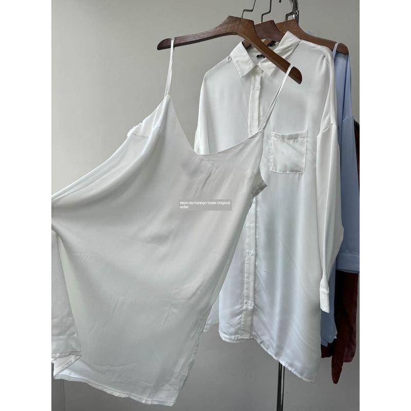 

Foreign Trade Original Order Satin Home 2-Piece Suspender Skirt + Long Shirt Fashionable Sexy Classy High-End Suit White 2-piece Satin S