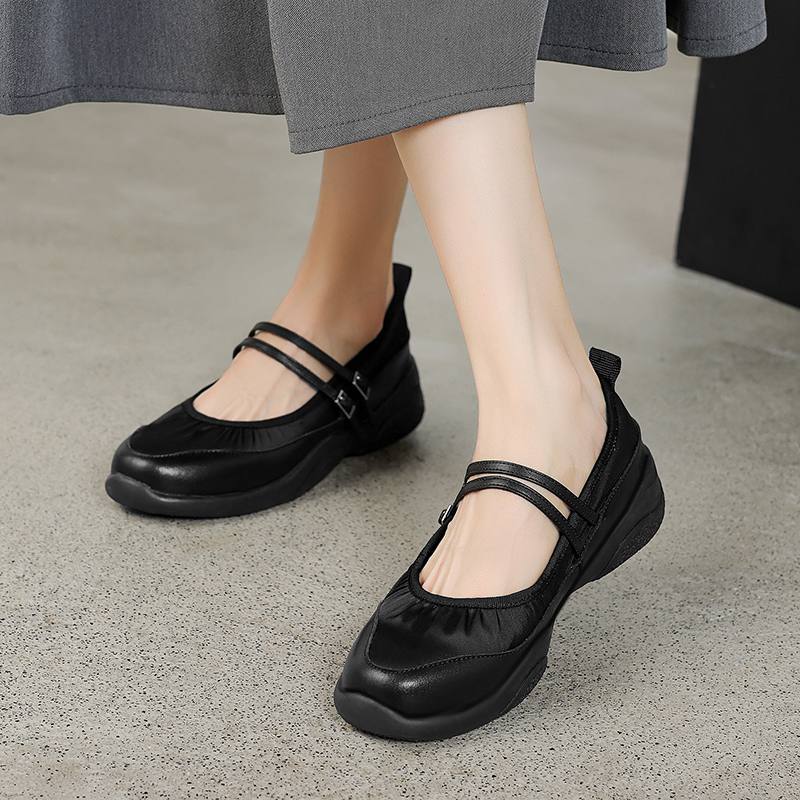 Krazing Pot Dámské tenisky s kulatou špičkou a středním podpatkem z hovězí kůže, s přezkami a pásky