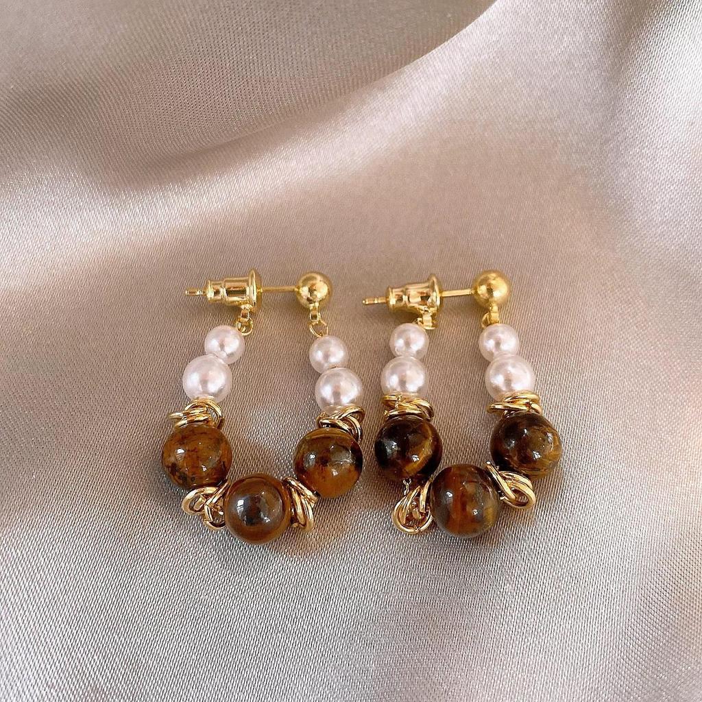 Geometric Tiger's Eye Stud Earrings, Retro Millard Style - Unique Design with Silver Needle 