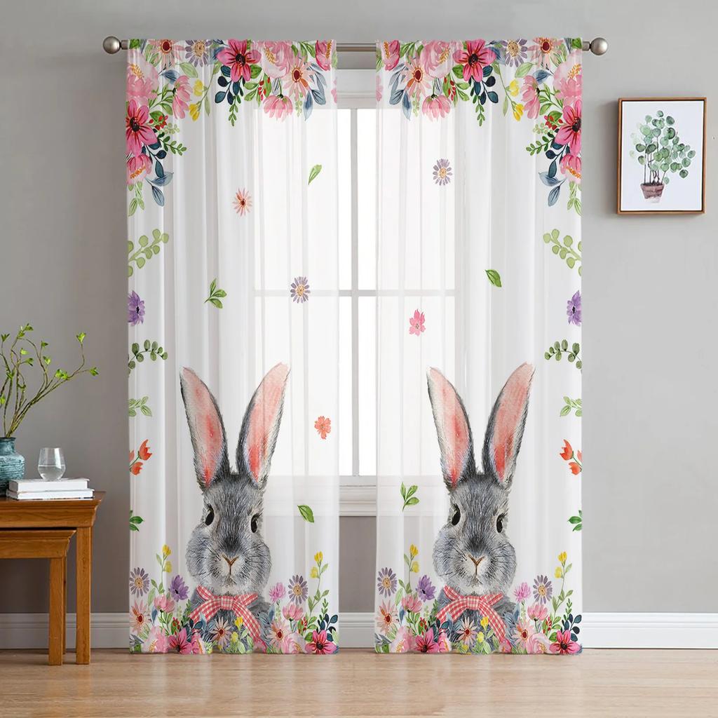 Easter Truck Bunny Butterfly Cherry Blossom Curtains Living Room Voile Curtain Bedroom Tulle Window Drapes Sheer Made Of Polyester Sitting Decor