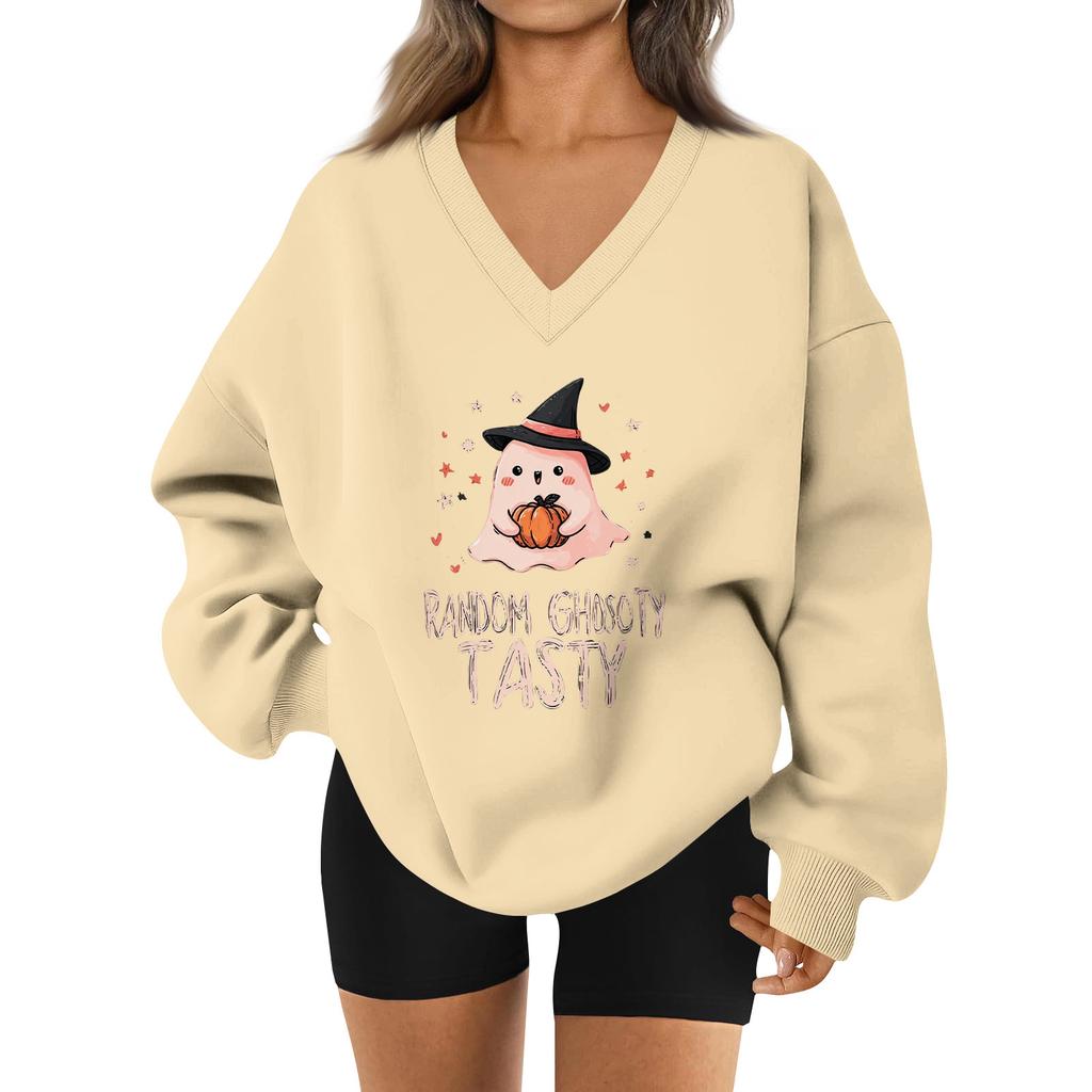 Women's V-neck Dropped Shoulder Halloween Print Sports Sweatshirt Top