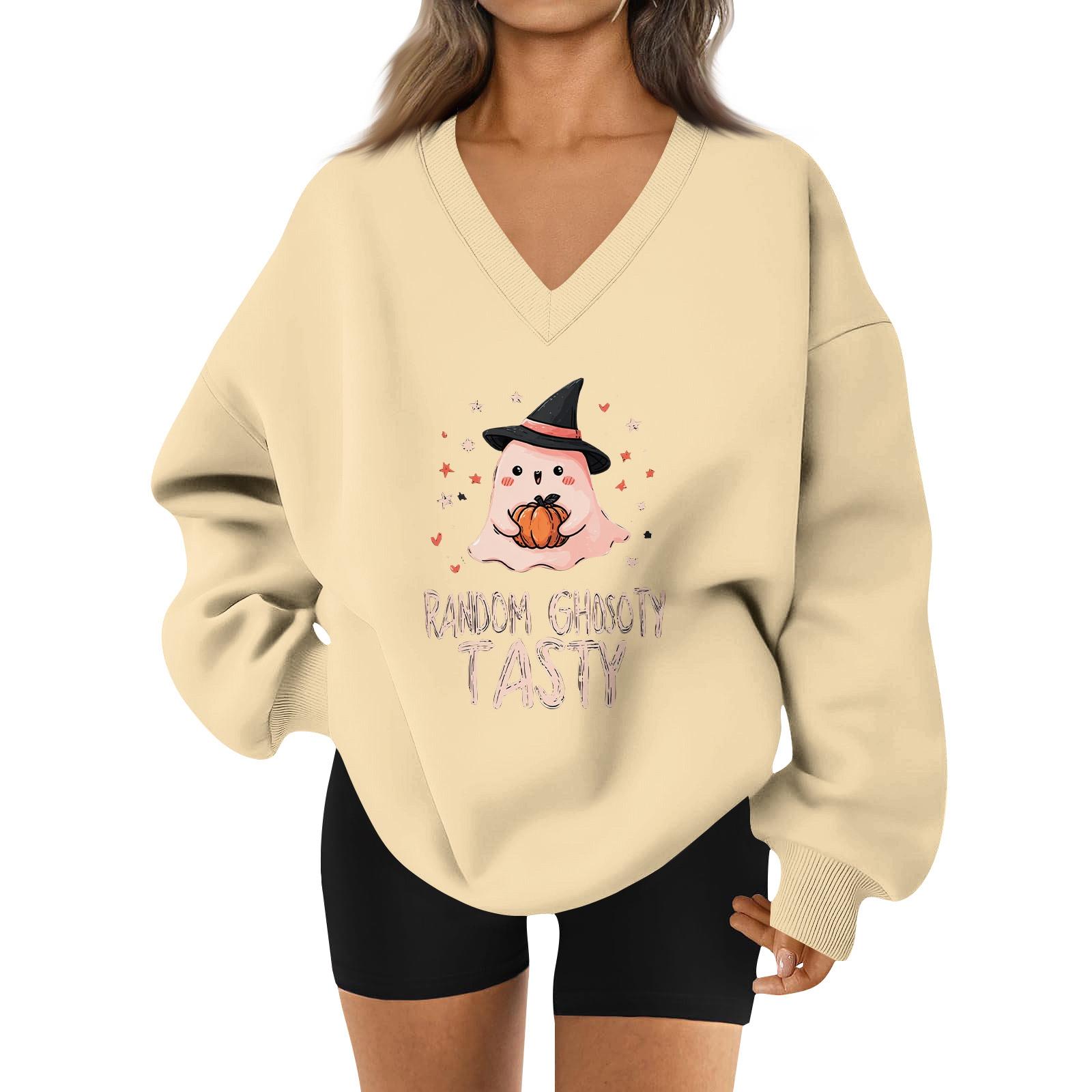 

Женский спортивный свитшот с V-образным вырезом, приспущенным плечом и принтом на Хэллоуин XL бежевый