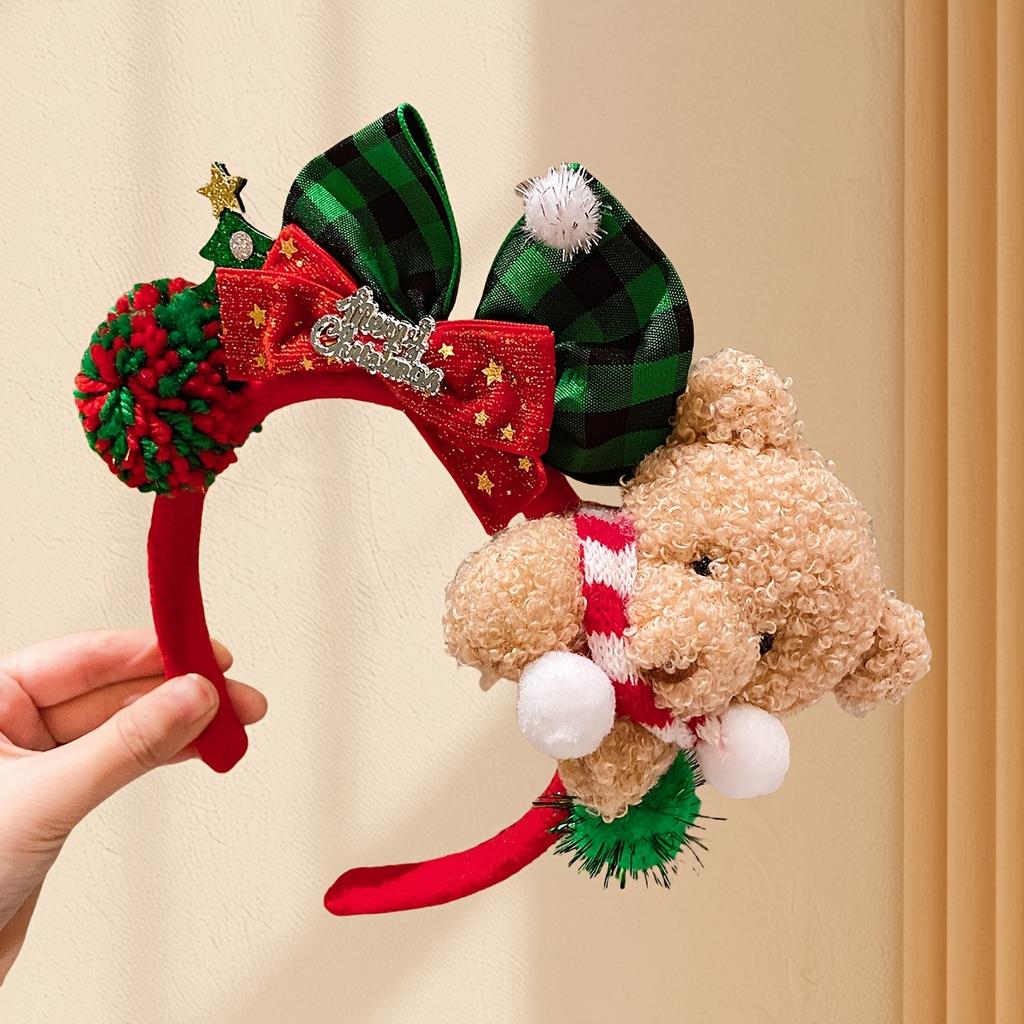 1 peça Tiara de Natal Ursinho Fofo com Orelhas Xadrez, Laço Vermelho e Verde e Pom-Pom - Acessório de Cabelo Festivo Macio e Confortável