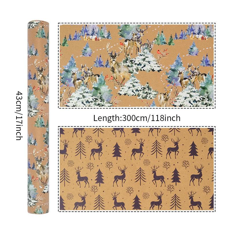 Vintage Kraft Christmas Gift Wrapping Paper Double Sided Print Kraft Roll Pine Tree Reindeer DIY Present Packaging Sheet